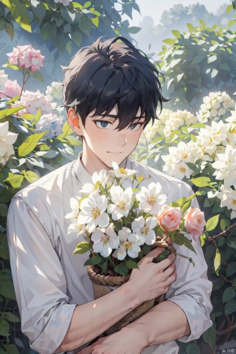  (official art, 8k wallpaper, ultra detailed, High quality, best quality),white flowers ,1boy, male focus, hair between eyes,Facing the camera,vintage filter,among flowers, backlight, lhj,bright light, sboe, Close range, colorful flowers