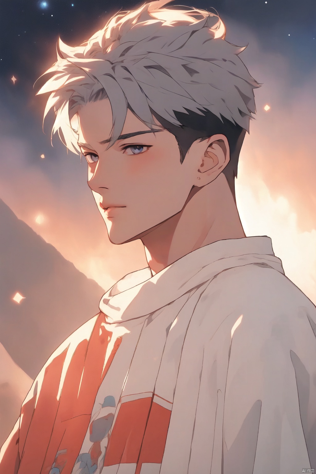  1boy, masterpiece,quiff, detailed eyes, solo, upper body,sboe,juvenile,Becoming a man, Formed by light,starry_background, cozy anime, qi,wzry