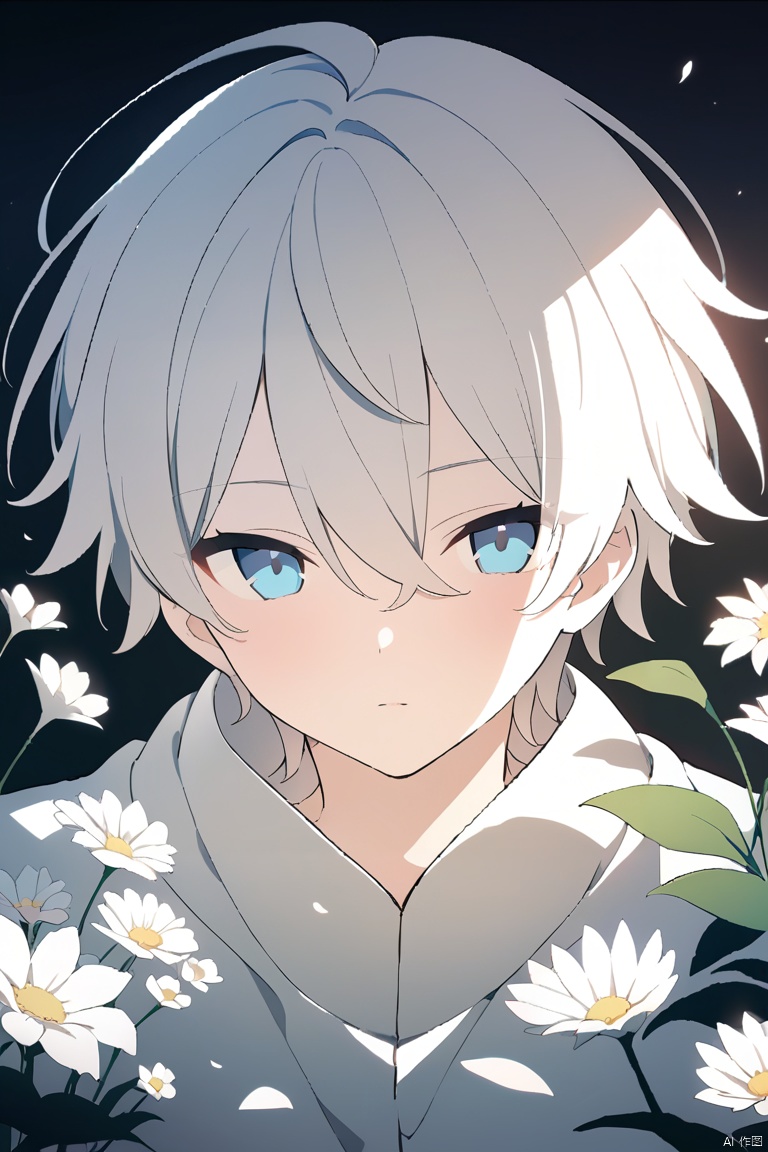  (official art, 8k wallpaper, ultra detailed, High quality, best quality),white flowers ,1boy, male focus, hair between eyes,Facing the camera,vintage filter,among flowers, backlight, lhj,bright light, sboe, Close range, colorful flowers