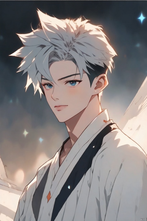  1boy, masterpiece,quiff, detailed eyes, solo, upper body,sboe,juvenile,Becoming a man, Formed by light,starry_background, cozy anime, qi,wzry