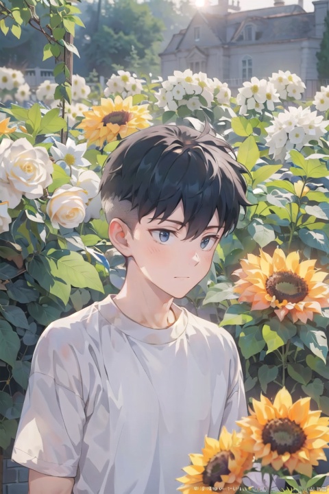  (official art, 8k wallpaper, ultra detailed, High quality, best quality),white flowers ,1boy, male focus, hair between eyes,Facing the camera,vintage filter,among flowers, backlight, lhj,bright light, sboe, Close range, colorful flowers