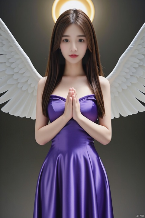 Girl in a sexy satin silk gown with hands clasped in prayer, sporting crystal-like angel wings and a colorful halo, rendered in a dreamy and aesthetically stunning style, high-definition, offering a visually striking impact,<lora:660447313082219790:1.0>