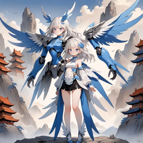  Robot Girl, 1 Girl, Solo, Wings, Mecha Girl, Mechanical Wings, Long White Hair, Bangs, Full Body, Looking at the Audience, Blue Eyes, Science Fiction, Blue Eyes, Robot Joints, Tights, Joints, Mecha Wings, Medium Breasts, Mouth Closed, White Background, Standing, Robot, ZOTAC,（Song Dynasty landscape painting）,<lora:660447824183329044:1.0>