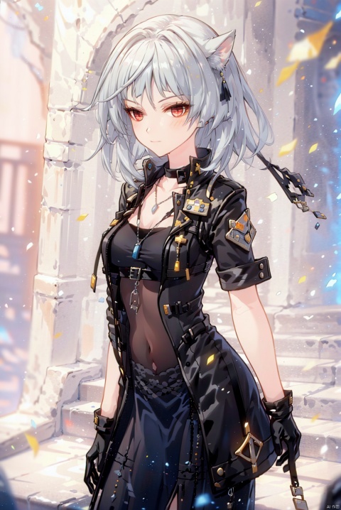  1girl, solo, gloves, red eyes, short hair, black gloves, looking at viewer, dog tags, jacket, closed mouth, open clothes, bangs, breasts, white hair, grey hair, necklace,xiumaXF,
(masterpiece:1.2), best quality, masterpiece, highres, original,ultra-detailed, illustration,extremely detailed wallpaper, perfect lighting,(extremely detailed CG:1.2), drawing, paintbrush, xiumaXF
