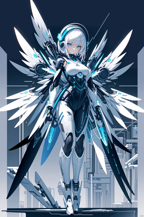  robot girl, 1girl, solo, wings,mecha musume, mechanical wings, white hair, full body, looking at viewer, heterochromia, science fiction,breasts, blue eyes, robot joints, bodysuit, joints, feathered wings, medium breasts, closed mouth, white background, standing, android,<lora:660447313082219790:1.0>