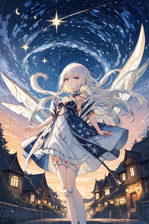  illustration,(far away),from side,a kawaii girl with long white hair, featuring bangs and captivating blue eyes,wrobot cyborg full body,white mechanical wings,Make a wish by clasping hands together,looking at the sky, a path to dreams,(cartoon:1.2),BREAK,beauty,\
(Van Gogh's starry night\:1.2), dreams, health, art, illustrations,Create a dreamlike starry background, warm and beautiful, abstract and realistic, an extremely delicate and beautiful,extremely detailed,8k wallpaper,Amazing,finely detail,best quality,official art,extremely detailed, CG, unity, 8k, wallpaper , Children's Illustration Style, Scribble, TIANQIJI