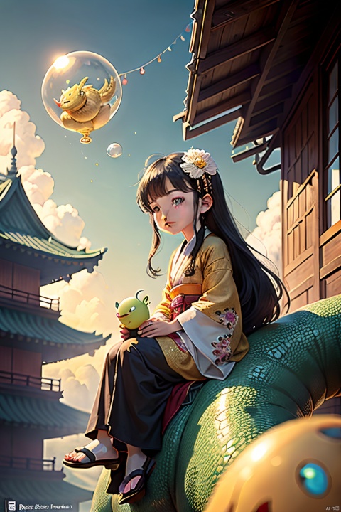  bubble bobble, (golden_scale:1.2), Illustration cartoon cute art style,cute pet,flowers,1girl, dragon, cloud, sky, eastern dragon, black hair, hair ornament, east asian architecture, japanese clothes, long hair, architecture, flower, hair flower, kimono, riding, sitting, glowing, glowing eyes, giant,solo