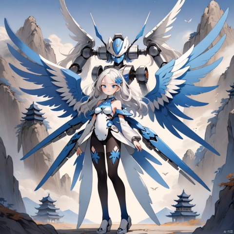 Robot Girl, 1 Girl, Solo, Wings, Mecha Girl, Mechanical Wings, Long White Hair, Bangs, Full Body, Looking at the Audience, Blue Eyes, Science Fiction, Blue Eyes, Robot Joints, Tights, Joints, Mecha Wings, Medium Breasts, Mouth Closed, White Background, Standing, Robot, ZOTAC,（Song Dynasty landscape painting）,<lora:660447824183329044:1.0>