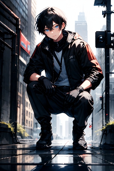  solo, looking at viewer, short hair, blue eyes, black hair, gloves, 1boy, holding, hair between eyes, sitting, jacket, male focus, outdoors, black gloves, pants, black jacket, black pants, squatting, ground vehicle, building, motor vehicle, zipper, reflection, city, camera, holding camera