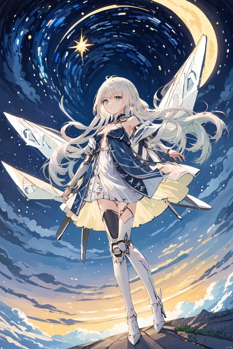  illustration,(far away),from side,a kawaii girl with long white hair, featuring bangs and captivating blue eyes,wrobot cyborg full body,white mechanical wings,Make a wish by clasping hands together,looking at the sky, a path to dreams,(cartoon:1.2),BREAK,beauty,\
(Van Gogh's starry night\:1.2), dreams, health, art, illustrations,Create a dreamlike starry background, warm and beautiful, abstract and realistic, an extremely delicate and beautiful,extremely detailed,8k wallpaper,Amazing,finely detail,best quality,official art,extremely detailed, CG, unity, 8k, wallpaper , Children's Illustration Style, Scribble, TIANQIJI