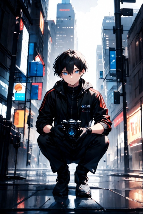  solo, looking at viewer, short hair, blue eyes, black hair, gloves, 1boy, holding, hair between eyes, sitting, jacket, male focus, outdoors, black gloves, pants, black jacket, black pants, squatting, ground vehicle, building, motor vehicle, zipper, reflection, city, camera, holding camera