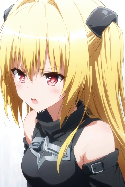  [White background],konjiki no yami, blonde hair, 1girl, long hair, red eyes, very long hair, 1boy, detached sleeves, hair ornament, bare shoulders, hair intakes,(close shot,face focus),open mouth,angry,tears,blushing,frown,looking_at_viewer