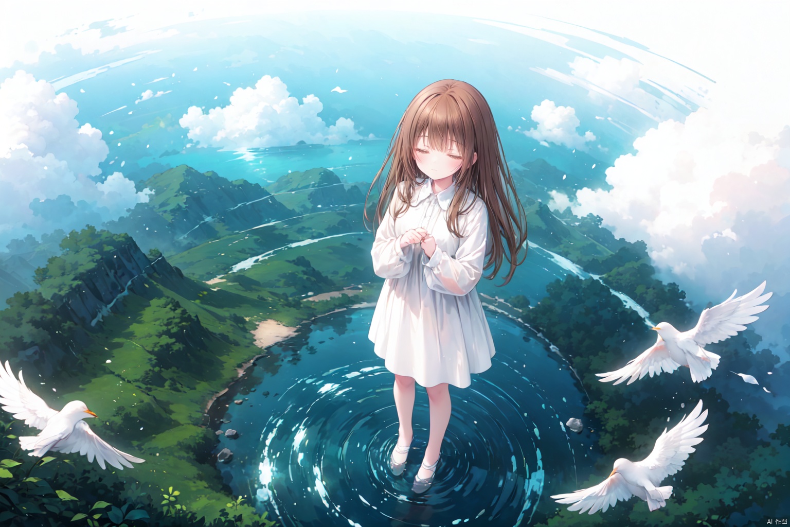 1girl, brown hair, long hair, closed eyes, (above ground), (water surface, reflection, surrounded by white birds), ((from above)), blurry, (full body, wide shot, panorama), (grey background), (shining, fog)