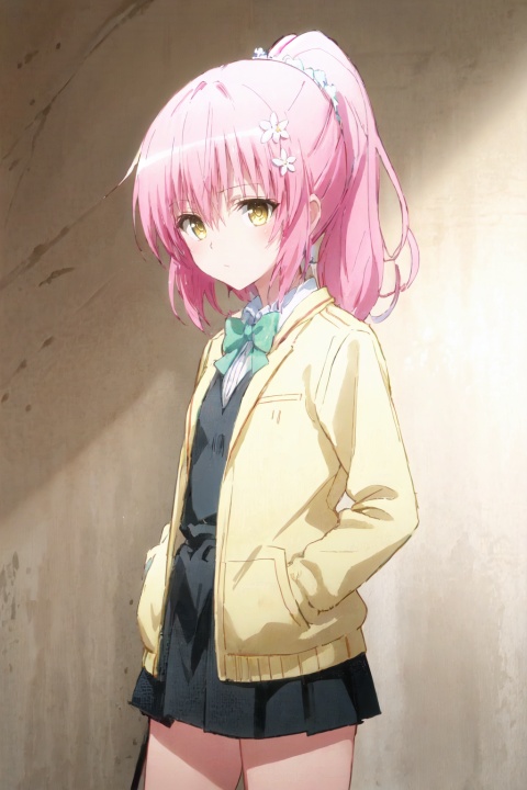  (best quality), ((masterpiece)), (highres), original, extremely detailed wallpaper, (an extremely delicate and beautiful),(loli),(petite),Pink hair,Yellow eyes, (red Jacket),high ponytail,white collared shirt,hair flower,fipped hair,floating hair,Frown,hands in pockets,black dress,red bowtie,(solo),