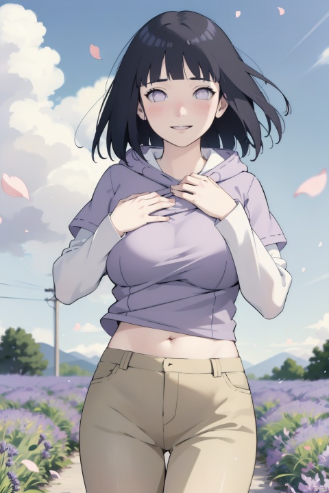 masterpiece,absurdres,hinata\(boruto\),1girl,solo,mature female,purple hoodie,layered sleeves,brown pants,outdoors,lavender flower field,wind,floating hair,hand on own chest,looking at viewer,smile,(falling petals),cloudy sky,large breasts,fishnets,blush,,