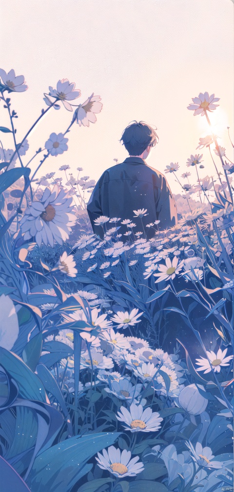  (official art, 8k wallpaper, ultra detailed, High quality, best quality),white flowers ,1boy, male focus, hair between eyes,Facing the camera,vintage filter,among flowers, backlight,limited_palette,white,field s of flowers, lhj,bright light, sboe, Close range