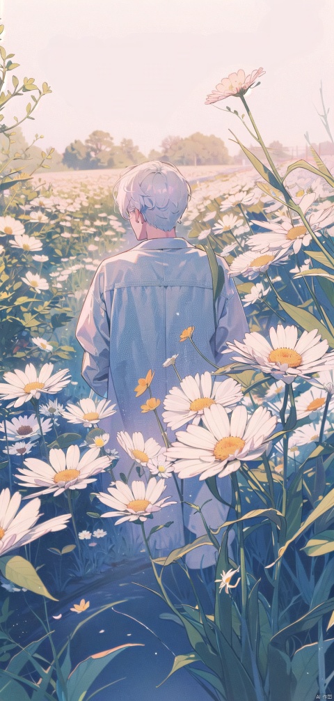  (official art, 8k wallpaper, ultra detailed, High quality, best quality),white flowers ,1boy, male focus, white hair ,vintage filter,among flowers, backlight,limited_palette,white,field s of flowers, lhj,bright light, sboe, Close range