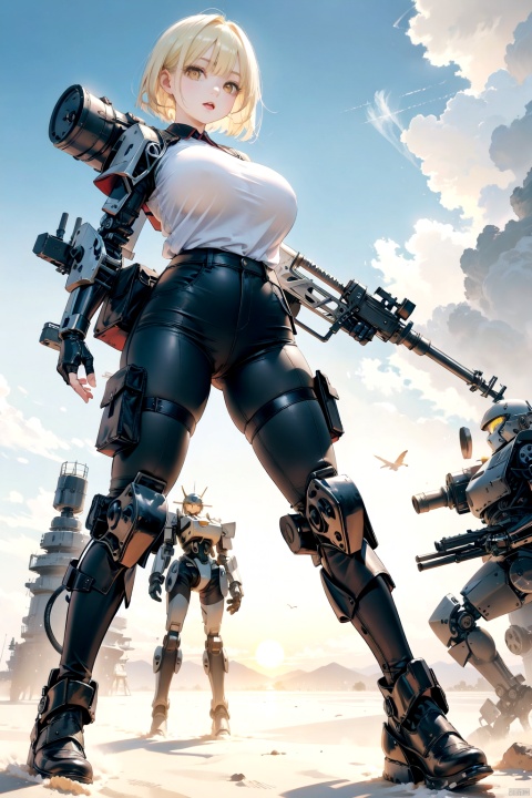  best quality,4k,8k,highres,masterpiece,ultra-detailed,realistic,photorealistic,photo-realistic,HDR,UHD,studio lighting,1girl,blonde hair,breasts,cargo pants,desert,fingerless gloves,mecha,medium breasts,mobile suit,pants,red shirt,robot,shirt,short hair,solo,sunset,yellow eyes,yellow theme