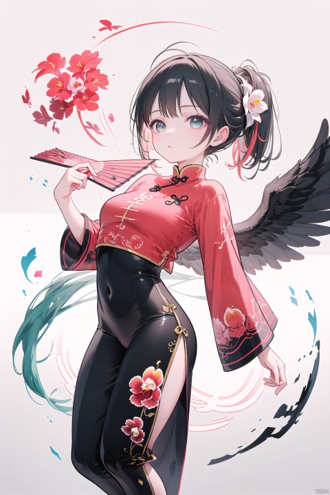 A girl wearing modern fashionable trousers, her entire attire infused with Chinese elements. She has long, lustrous black hair styled in a high updo, adorned with a red phoenix hairpin. Her bright, lively eyes and gracefully arched eyebrows exude the mysterious charm of the East. Her predominantly black attire is embellished with golden dragon patterns and peonies, showcasing the magnificent Chinese style. The girl's movements exude power as she gracefully performs a fan dance, holding a fan adorned with orchid patterns, her dance exuding both strength and elegance. The background adopts a flat abstract style, reminiscent of ink wash paintings, incorporating elements of phoenix, orchids, and bamboo. The phoenix soars in the sky, the orchids bloom brilliantly, and the bamboo sways gracefully, creating a composition with a striking visual impact.