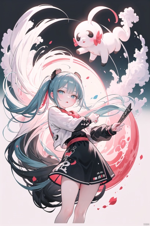 A lovely female character with long flowing hair, dressed in modern hip-hop style clothing infused with Chinese elements, such as Chinese knot patterns. She is energetically dancing, holding a fan, displaying a dynamic posture. The background adopts an abstract style incorporating flat Chinese elements: bamboo, pandas, and auspicious cloud patterns. The composition exudes a powerful impact, resembling a traditional ink wash painting with precisely balanced blank spaces. The abstract background style resembles splashed pigments, accentuating the splendor of the female character. The entire scene is colored in the vibrant and captivating hues of Tang Tri-colored pottery.