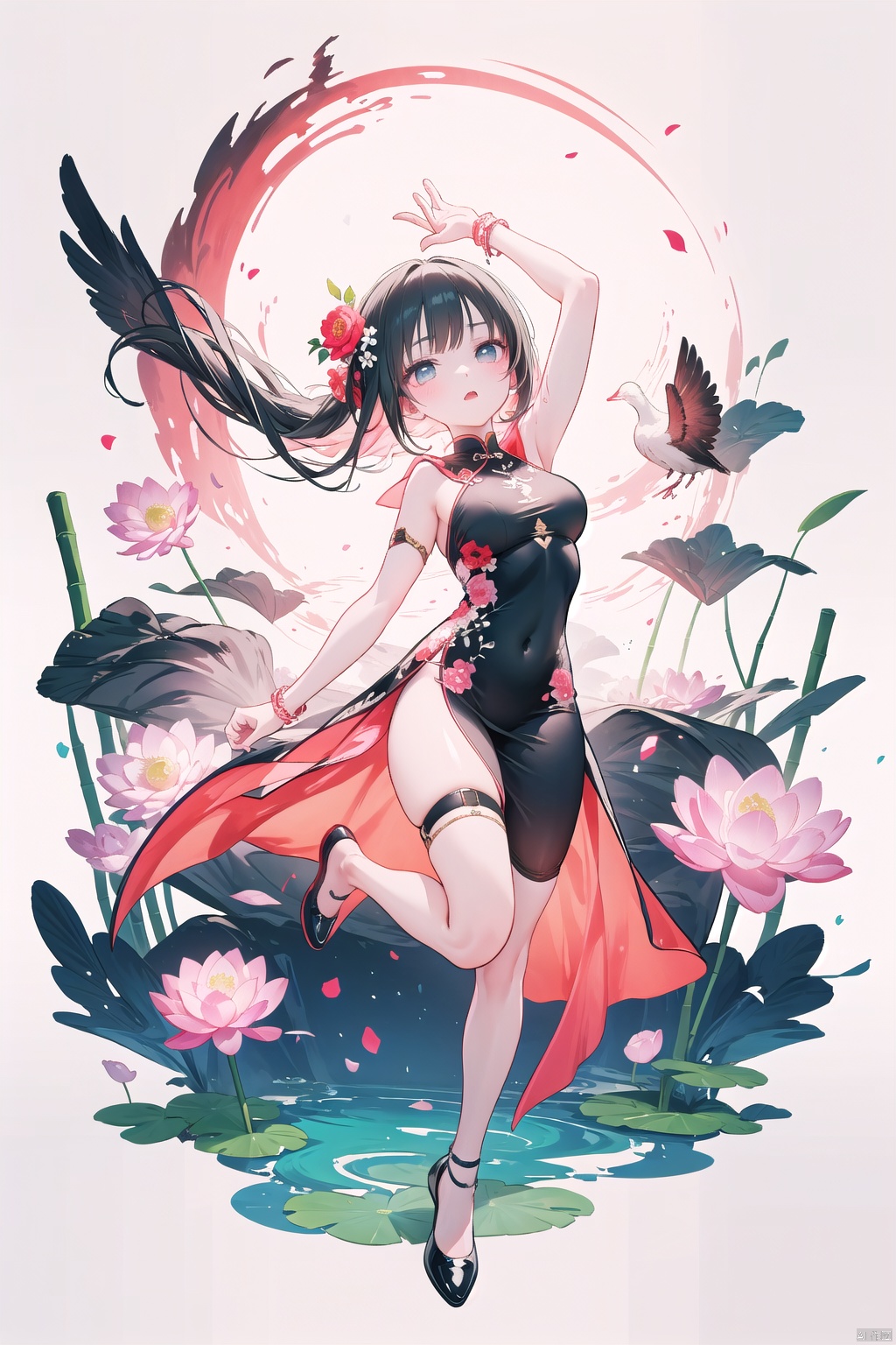 A girl with long, black hair styled in an elegant updo adorned with a red flower, bright and lively eyes, gracefully arched eyebrows, wearing modern fashion with Chinese elements, featuring a black garment embroidered with intricate red cloud patterns and adorned with several pink lotus flowers. The girl is depicted in a dynamic leap, exuding vitality and energy, her body displaying graceful curves, hands raised above her head as if chasing freedom and dreams. She is standing on a cloud, appearing to dance gracefully in the sky. The background exhibits an abstract style with predominant black and red tones, evoking a sense of movement reminiscent of brushstrokes in traditional Chinese ink paintings. The backdrop features scattered abstract depictions of bamboo and cranes, harmonizing with the girl's movement, creating a mysterious and splendid ambiance. The overall image is impactful, immersing the viewer in a dreamlike world.