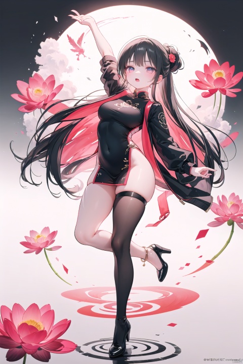 A girl with long, black hair styled in an elegant updo adorned with a red flower, bright and lively eyes, gracefully arched eyebrows, wearing modern fashion with Chinese elements, featuring a black garment embroidered with intricate red cloud patterns and adorned with several pink lotus flowers. The girl is depicted in a dynamic leap, exuding vitality and energy, her body displaying graceful curves, hands raised above her head as if chasing freedom and dreams. She is standing on a cloud, appearing to dance gracefully in the sky. The background exhibits an abstract style with predominant black and red tones, evoking a sense of movement reminiscent of brushstrokes in traditional Chinese ink paintings. The backdrop features scattered abstract depictions of bamboo and cranes, harmonizing with the girl's movement, creating a mysterious and splendid ambiance. The overall image is impactful, immersing the viewer in a dreamlike world.