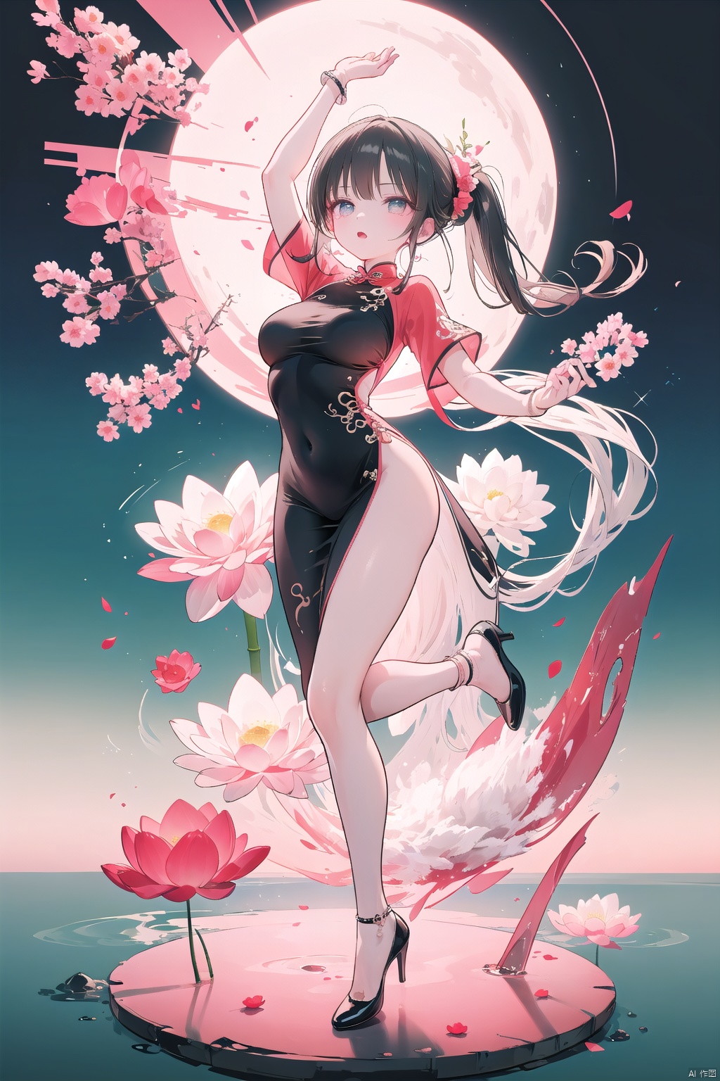A girl with long, black hair styled in an elegant updo adorned with a red flower, bright and lively eyes, gracefully arched eyebrows, wearing modern fashion with Chinese elements, featuring a black garment embroidered with intricate red cloud patterns and adorned with several pink lotus flowers. The girl is depicted in a dynamic leap, exuding vitality and energy, her body displaying graceful curves, hands raised above her head as if chasing freedom and dreams. She is standing on a cloud, appearing to dance gracefully in the sky. The background exhibits an abstract style with predominant black and red tones, evoking a sense of movement reminiscent of brushstrokes in traditional Chinese ink paintings. The backdrop features scattered abstract depictions of bamboo and cranes, harmonizing with the girl's movement, creating a mysterious and splendid ambiance. The overall image is impactful, immersing the viewer in a dreamlike world.