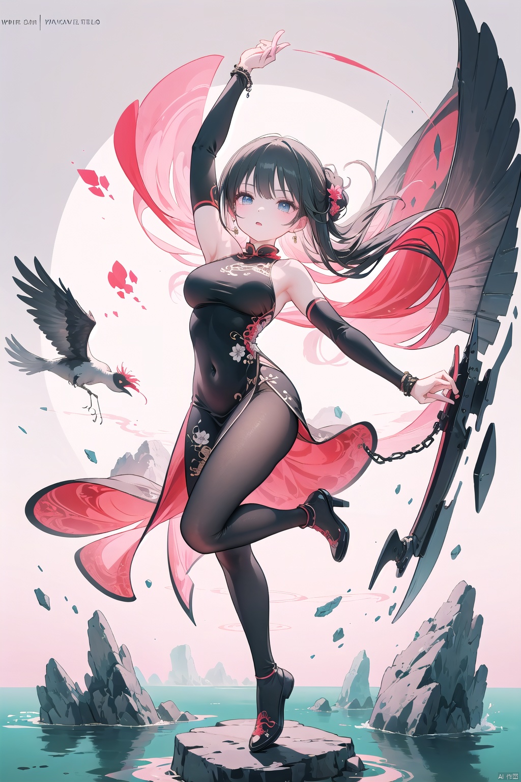 A girl with long, black hair styled in a high updo adorned with red ribbons, capturing the essence of Chinese culture. Her bright, lively eyes and gracefully arched eyebrows exude a sense of agility. She is dressed in modern, fashionable attire, predominantly black, embellished with exquisite red cloud patterns and adorned with a delicate pink lotus flower at the collar. The girl is showcasing her martial arts skills, displaying agile and powerful movements. With her hands raised high above her head and one foot stepping on a broken rock, she appears to be embarking on a journey of conquering vast mountains and rivers. Her body exhibits graceful lines, portraying a resolute and powerful stance. The background is presented in an abstract style, predominantly using black and red tones. The image is filled with impactful lines, reminiscent of ink strokes in traditional Chinese ink paintings. Scattered throughout the backdrop are abstract depictions of bamboo and cranes, harmonizing with the girl's martial arts movements, creating a mysterious and splendid atmosphere. The composition of the entire artwork is unique, leaving a strong visual impression.