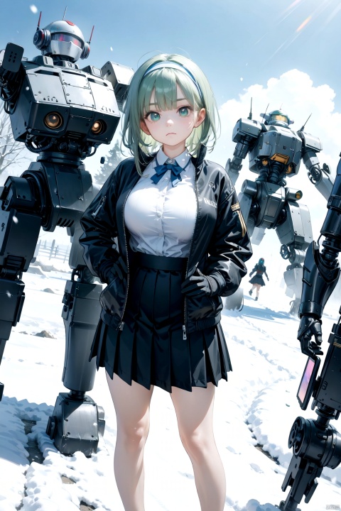  best quality,4k,8k,highres,masterpiece,ultra-detailed,realistic,photorealistic,photo-realistic,HDR,UHD,studio lighting,1girl,black gloves,black skirt,closed mouth,faceless,faceless female,frown,gloves,green hair,hairband,jacket,long hair,mecha,outdoors,pleated skirt,robot,skirt,snowing,standing,tablet pc,