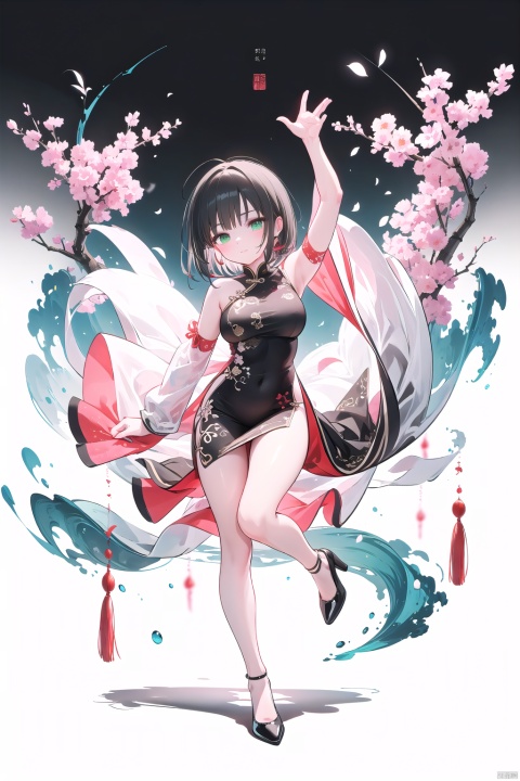 A cute female protagonist is dressed in a Chinese-inspired dress, adorned with exquisite plum blossom patterns, complemented by a pair of red high heels. Her short hair is styled into two braids, adorned with red ribbons. The girl is gracefully dancing, showcasing her confidence and charm through elegant movements of her arms. The background is an abstract composition, featuring polka dots and gradients. Bamboo lines are present within the scene, playful panda figures frolic amidst, while patterns of auspicious clouds and Chinese knots embellish the surroundings. The composition is captured from a bird's-eye view, highlighting the girl's grace and dance movements. The blank spaces throughout the painting create an ink wash-like effect, and the abstract background style resembles splashed pigments. The color palette strictly consists of yellow, green, white, brown, blue, and black, creating a luxurious and unique atmosphere.,Ink scattering_Chinese style,yjmonochrome