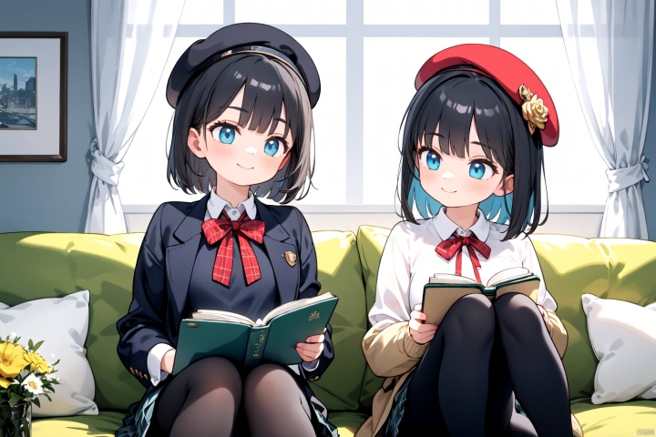 Two girls with black hair, one wearing a white shirt and a plaid skirt, the other wearing a brown coat and black pants, sitting together and holding a book. They are surrounded by peacock feathers and flowers, and there is a medium hair girl with a beret smiling and holding a camera. The scene is set indoors, with a focus on the details of their collared shirts, ribbons, and the open book, creating a sense of warmth and camaraderie.