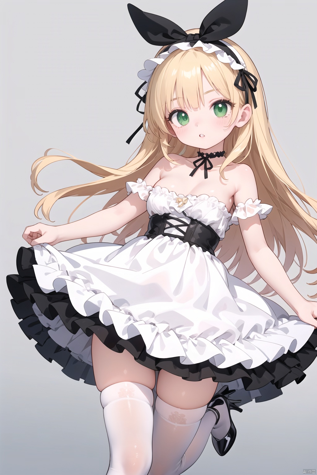  (detailed eyes, detailed face, detailed skin),masterpiece, (best quality, ultra-detailed,insanely detailed:1.2), (ultra high res,sharp focus,perfect anatomy,cel animation,fantastic illumination), super fine, anime beautiful girl,dynamic pose, cuteloli,1girl,black footwear,blonde hair,breasts,choker,dress,frilled choker,frilled hairband,frills,green eyes,grey background,hairband,high heels,lolita fashion,long hair,looking at viewer,parted lips,strapless,strapless dress,thighhighs,white dress,white thighhighs,