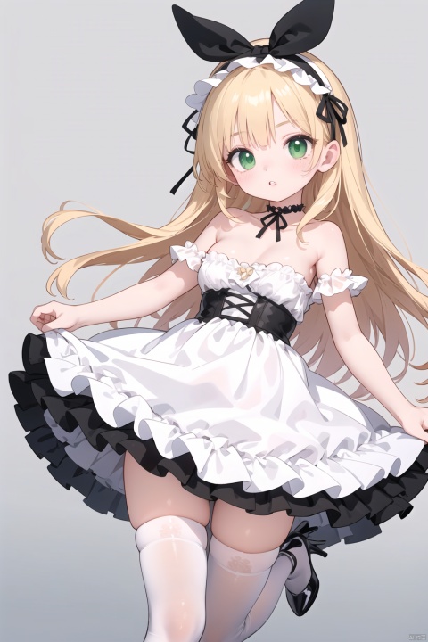  (detailed eyes, detailed face, detailed skin),masterpiece, (best quality, ultra-detailed,insanely detailed:1.2), (ultra high res,sharp focus,perfect anatomy,cel animation,fantastic illumination), super fine, anime beautiful girl,dynamic pose, cuteloli,1girl,black footwear,blonde hair,breasts,choker,dress,frilled choker,frilled hairband,frills,green eyes,grey background,hairband,high heels,lolita fashion,long hair,looking at viewer,parted lips,strapless,strapless dress,thighhighs,white dress,white thighhighs,