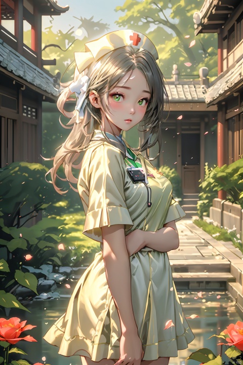  ((masterpiece)), extremely detailed, beautiful detailed deep eyes, 1girl, chinese garden, falling_petals, yellow petals, bresk, green dress,cowboy shot, Trainee Nurse, niji