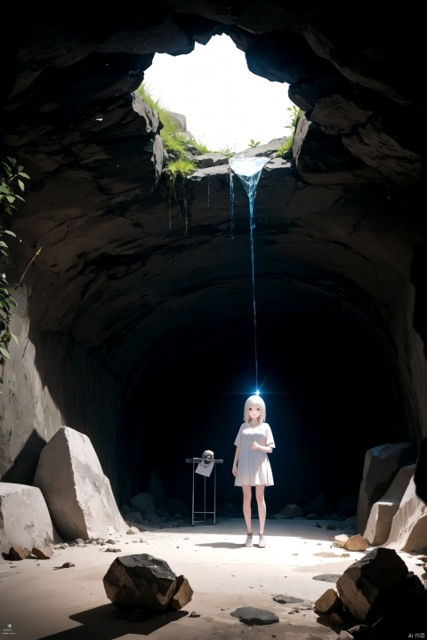  best quality,4k,8k,highres,masterpiece,ultra-detailed,realistic,photorealistic,photo-realistic,HDR,UHD,studio lighting,1girl,In a dark underground cave, a deep volumetric light beams down from the cave ceiling, illuminating the rocks and bones within the cave,At the edge of the volumetric light, a mysterious protagonist hides in the dark corner of the cave, with only their silhouette and eyes revealing a terrifying atmosphere,