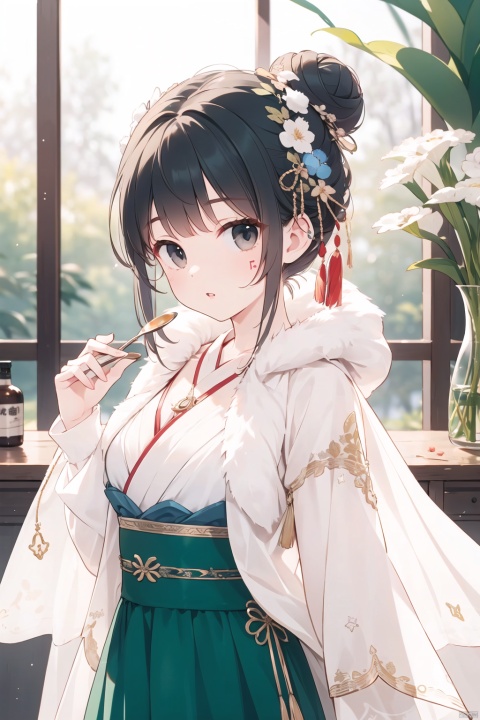 best quality,4k,8k,highres,masterpiece:1.2),ultra-detailed,(realistic,photorealistic,photo-realistic:1.4),HDR,UHD,studio lighting,zhuang,hat,headdress,tassel,1 girl, cloak,alcohol,architecture,black eyes,black hair,breasts,chinese clothes,chinese hairpin,day,dipper,east asian architecture,facial mark,forehead mark,forest,green shirt,hair bun,hair ornament,hands up,hanfu,holding,holding spoon,indoors,jewelry,jug (bottle),layered sleeves,liquor,long hair,long sleeves,looking at viewer,medium breasts,nature,necklace,parted lips,pouring,red shawl,shawl,shirt,short over long sleeves,short sleeves,single side bun,skirt,solo,spoon,tassel,tassel hair ornament,tree,upper body,vase,white sleeves,yellow skirt,