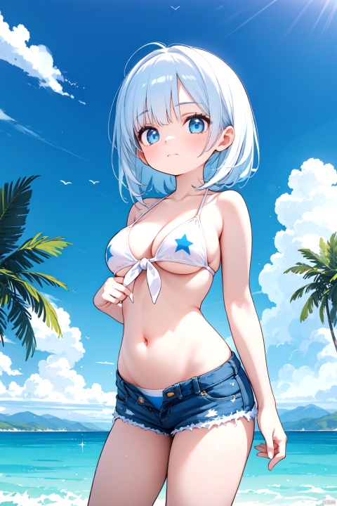  A girl with long blue hair and blue eyes, wearing a bikini under denim shorts and a tied white shirt, standing on a boat in the ocean under a clear blue sky. She has a crop top revealing a small stomach and is looking directly at the viewer with a closed mouth. Her hair is floating in the sunlight, and there are palm trees and a star symbol in her eye, symbolizing a sense of wonder and adventure. The scene is vibrant with vivid colors and a tropical atmosphere, featuring clouds, a star symbol, and a tree in the background to enhance the overall composition.