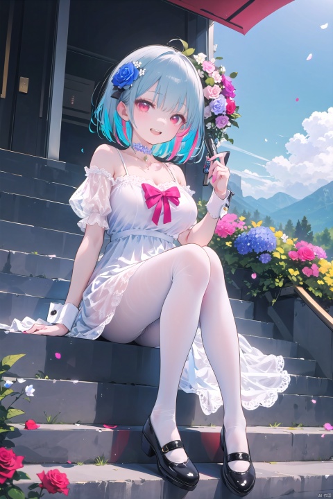  Ultra-clear, ultra-detailed, ((detailed depiction)), ultimate picture quality, CG,8k Wallpaper,(((masterpiece))), (((best quality))), ((ultra-detailed)), 1girl,:d,aqua rose,blue flower,blue rose,blue sky,bob cut,bow,choker,colored inner hair,diagonal bangs,dress,dress flower,falling petals,flower,flower bush,flower choker,footwear bow,grey hair,grin,hair flower,hair ornament,inverted bob,looking at viewer,mary janes,mountainous horizon,multicolored hair,open mouth,pantyhose,petals,pink flower,pink rose,red eyes,red hair,rose,see-through,see-through sleeves,shoes,short hair,short sleeves,single wrist cuff,sitting,sitting on stairs,sky,smile,solo,stairs,streaked hair,white bow,white choker,white dress,white footwear,white pantyhose,white wrist cuffs,wrist cuffs, flowers