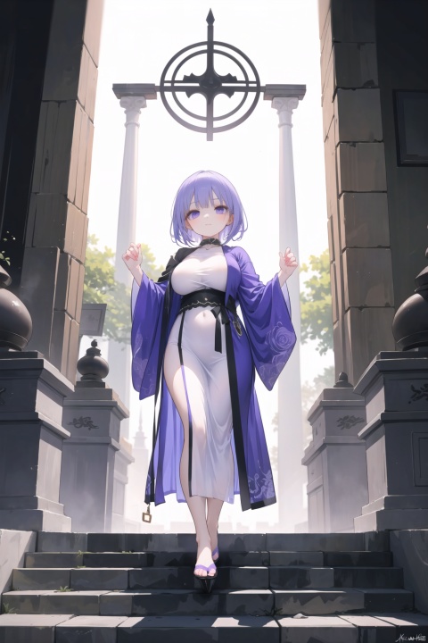 A mysterious violet-haired goddess girl in an ancient purple robe, holding an enigmatic temple key, standing at the entrance of a mysterious temple. Her hair exudes an aura of violet magic, with ancient temple and mystical runes in the background, creating a sense of mystery and sanctity.