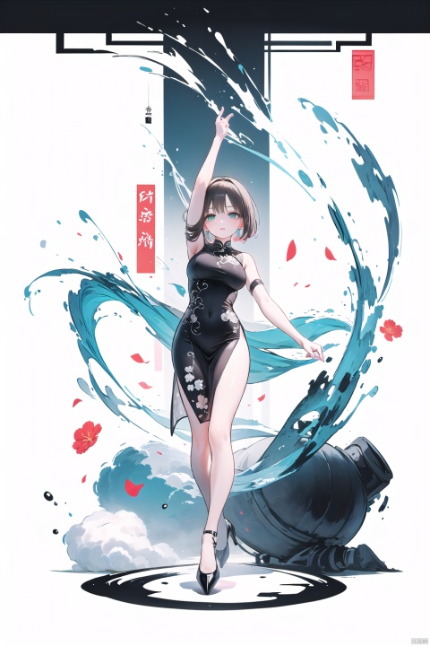 A cute female protagonist is dressed in a Chinese-inspired dress, adorned with exquisite plum blossom patterns, complemented by a pair of red high heels. Her short hair is styled into two braids, adorned with red ribbons. The girl is gracefully dancing, showcasing her confidence and charm through elegant movements of her arms. The background is an abstract composition, featuring polka dots and gradients. Bamboo lines are present within the scene, playful panda figures frolic amidst, while patterns of auspicious clouds and Chinese knots embellish the surroundings. The composition is captured from a bird's-eye view, highlighting the girl's grace and dance movements. The blank spaces throughout the painting create an ink wash-like effect, and the abstract background style resembles splashed pigments. The color palette strictly consists of yellow, green, white, brown, blue, and black, creating a luxurious and unique atmosphere.,Ink scattering_Chinese style,yjmonochrome