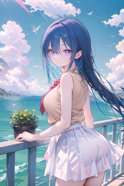  Ultra-clear, ultra-detailed, ((detailed depiction)), ultimate picture quality, CG,8k Wallpaper,(((masterpiece))), (((best quality))), ((ultra-detailed)), 1girl,arm support,blue hair,blue sky,closed mouth,cloud,cloudy sky,cowboy shot,day,floating hair,from behind,hair between eyes,high-waist skirt,horizon,leaning forward,long hair,looking at viewer,ocean,on railing,outdoors,plant,pleated skirt,potted plant,purple eyes,purple shirt,railing,shirt,sidelocks,simple bird,skirt,sky,smile,solo,sweater vest,turtleneck,turtleneck shirt,white skirt,white sweater vest,