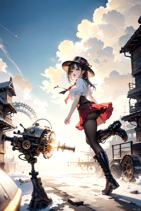  best quality,4k,8k,highres,masterpiece,ultra-detailed,realistic,photorealistic,photo-realistic,HDR,UHD,studio lighting,1girl,android,artificial eye,ascot,backlighting,belt,black footwear,black hat,black vest,boots,building,claws,cloud,cloudy sky,cross-laced footwear,evening,flying,full body,gears,hat,knee boots,lace-up boots,lamppost,looking to the side,mechanical arms,mechanical eye,mechanical legs,motion blur,open mouth,outdoors,pleated skirt,propeller,puffy short sleeves,puffy sleeves,red ascot,red eyes,red skirt,robot,running,shirt,short sleeves,single mechanical arm,skirt,sky,solo,steampunk,sunlight,sunset,swept bangs,top hat,town,vest,white shirt,
