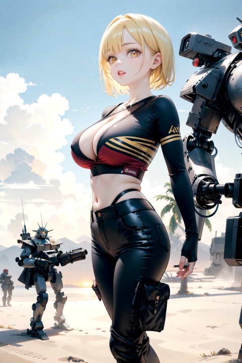  best quality,4k,8k,highres,masterpiece,ultra-detailed,realistic,photorealistic,photo-realistic,HDR,UHD,studio lighting,1girl,blonde hair,breasts,cargo pants,desert,fingerless gloves,mecha,medium breasts,mobile suit,pants,red shirt,robot,shirt,short hair,solo,sunset,yellow eyes,yellow theme