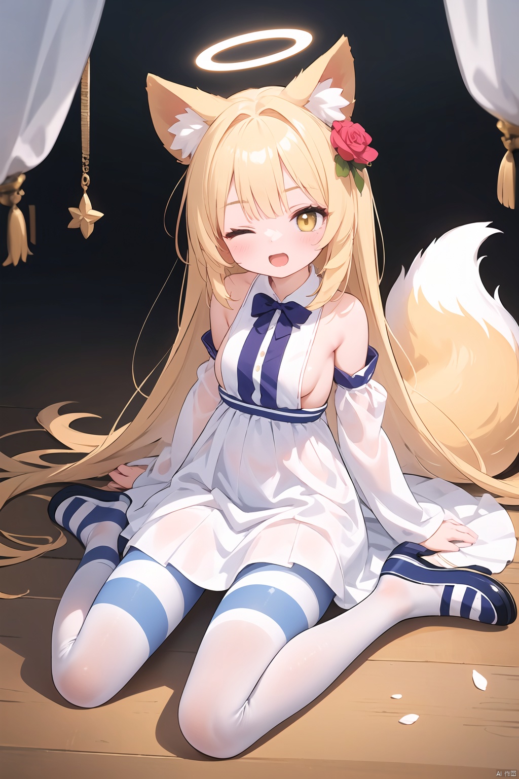  (detailed eyes, detailed face, detailed skin),masterpiece, (best quality, ultra-detailed,insanely detailed:1.2), (ultra high res,sharp focus,perfect anatomy,cel animation,fantastic illumination), super fine, anime beautiful girl,dynamic pose, cuteloli,1girl,absurdly long hair,animal ear fluff,animal ears,arm behind head,arm up,armpits,bird,bird on hand,blonde hair,blush,breasts,detached sleeves,dress,flower,fox ears,full body,hair flower,hair ornament,halo,hand up,long hair,looking at viewer,one eye closed,open mouth,pantyhose,shoes,sideboob,single shoe,sitting,sleeve bow,sleeveless,sleeveless dress,sleeves past fingers,sleeves past wrists,solo,striped clothes,striped pantyhose,unworn shoes,vertical-striped clothes,vertical-striped pantyhose,very long hair,white dress,white pantyhose,yellow eyes,yellow halo,