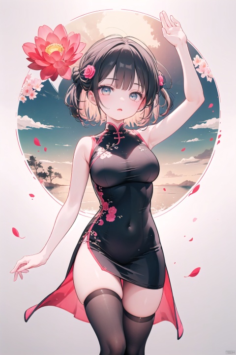 A girl with long, black hair styled in an elegant updo adorned with a red flower, bright and lively eyes, gracefully arched eyebrows, wearing modern fashion with Chinese elements, featuring a black garment embroidered with intricate red cloud patterns and adorned with several pink lotus flowers. The girl is depicted in a dynamic leap, exuding vitality and energy, her body displaying graceful curves, hands raised above her head as if chasing freedom and dreams. She is standing on a cloud, appearing to dance gracefully in the sky. The background exhibits an abstract style with predominant black and red tones, evoking a sense of movement reminiscent of brushstrokes in traditional Chinese ink paintings. The backdrop features scattered abstract depictions of bamboo and cranes, harmonizing with the girl's movement, creating a mysterious and splendid ambiance. The overall image is impactful, immersing the viewer in a dreamlike world.