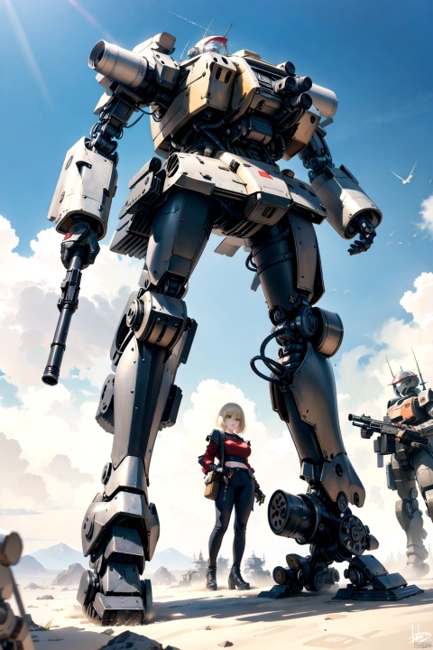  best quality,4k,8k,highres,masterpiece,ultra-detailed,realistic,photorealistic,photo-realistic,HDR,UHD,studio lighting,1girl,blonde hair,breasts,cargo pants,desert,fingerless gloves,gun,holding,holding gun,holding weapon,mecha,medium breasts,mobile suit,pants,red shirt,robot,shirt,short hair,solo,sunset,weapon,yellow eyes,yellow theme