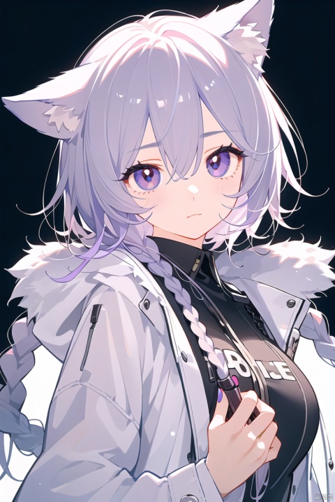  1girl,solo,wolf girl,wolf ears,short eyebrows,Animal ears,purple nails,white skin,large breasts,(hair over eyes:1.1),ringed eyes,pink pupils,silver hair,Pointy hair,Short hair,Asymmetrical bangs,(braid:1.2),(police:1.4),(aroused:1.2),(hair fan),light blush,(closed coat:1.4),you gonna get eaten, 