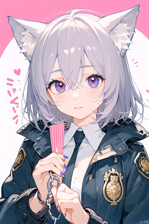 1girl,solo,wolf girl,wolf ears,short eyebrows,Animal ears,purple nails,white skin,large breasts,(hair over eyes:1.1),ringed eyes,pink pupils,silver hair,Pointy hair,Short hair,Asymmetrical bangs,Braid,(police:1.4),(handcuffs:1.2),(aroused:1.2),(hair fan),light blush,open coat,you gonna get eaten,sideboob,