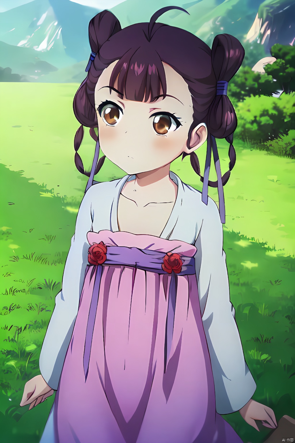  HDR,UHD,best quality,Highly detailed,masterpiece,Professional,,dongfangqinlan,1girl,solo,blush,brown eyes,outdoors,dress,braid,brown hair,hair bun,twin braids,double bun,bow,