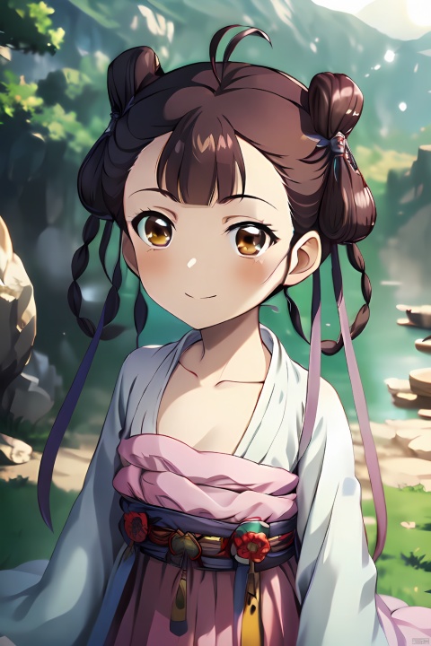  HDR,UHD,best quality,Highly detailed,masterpiece,Professional,,dongfangqinlan,1girl,solo,blush,brown eyes,outdoors,braid,brown hair,hair bun,twin braids,double bun,bow,smile, chang
